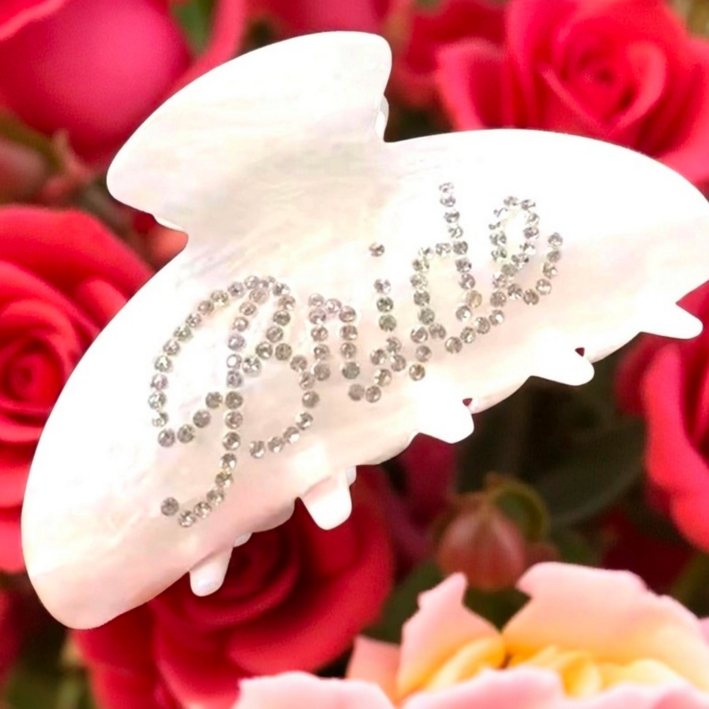 Bride Hair Claw Clip | Pearl White Acrylic with Rhinestone Script