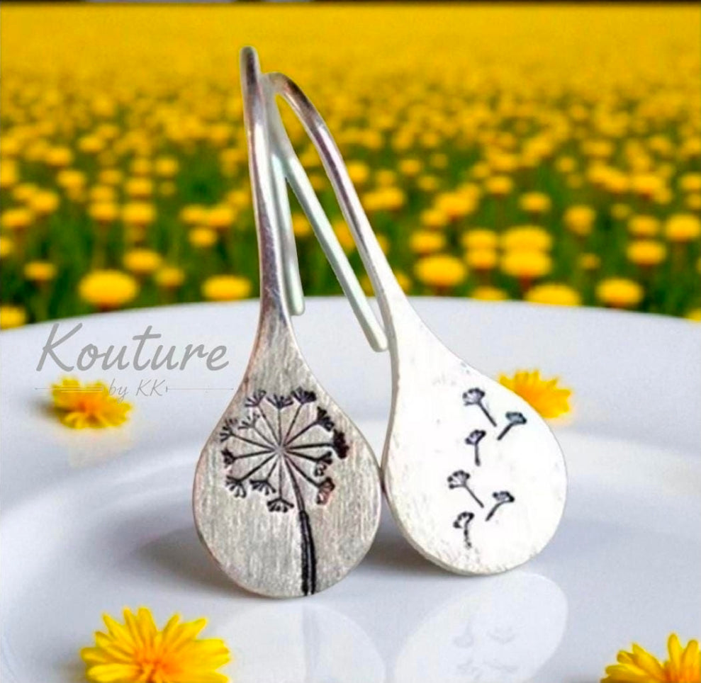 Dandelion Earrings - Hand-Stamped Flower Jewelry, Bohemian Metal Teardrop Earrings