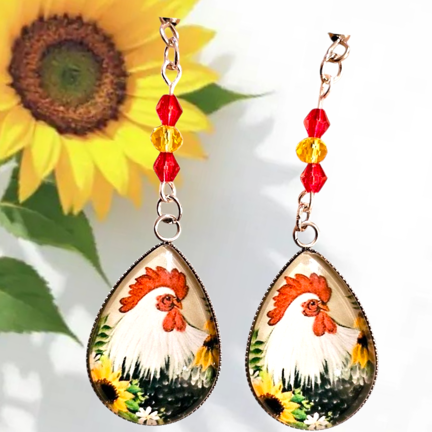 Handmade Rooster Earrings – Teardrop Farmhouse Earrings with Glass Dome