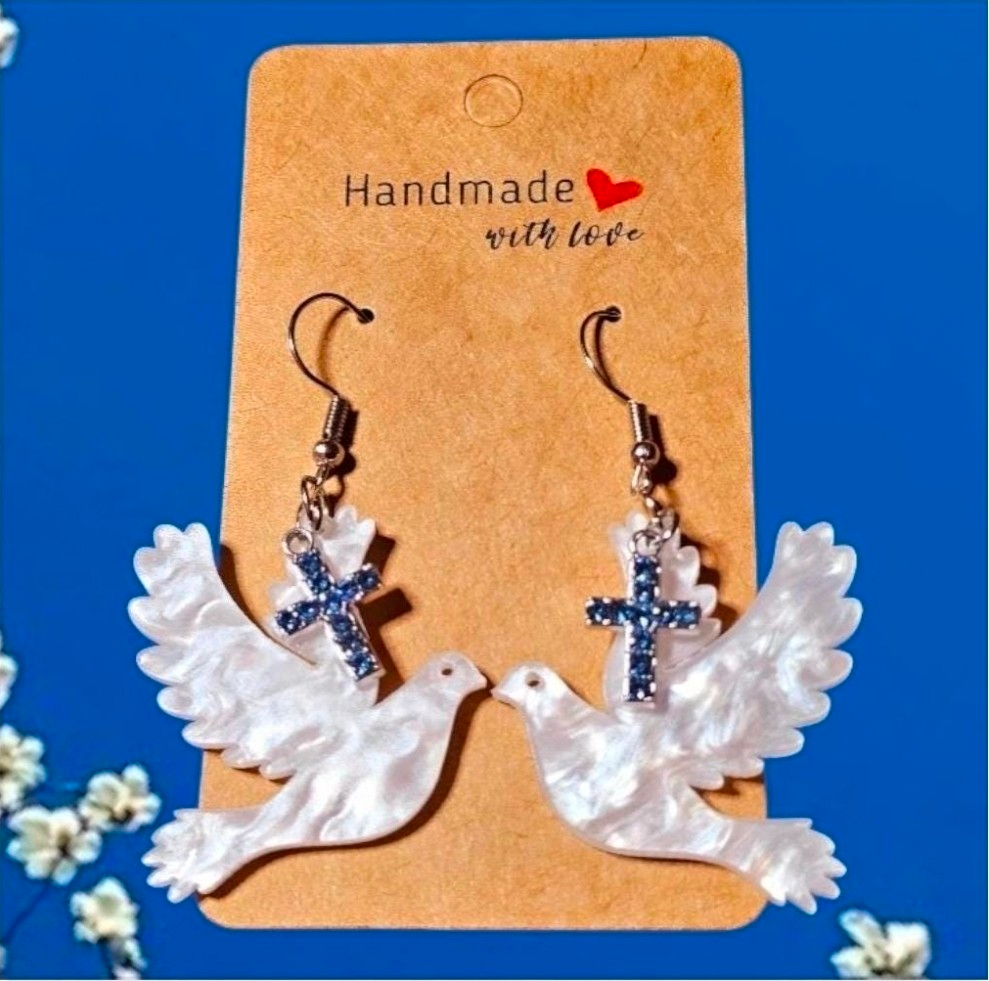 Handmade Dove with Blue Cross Earrings - Faith Jewelry for Women, Lightweight Christian Gift, Religious Dangle Earrings