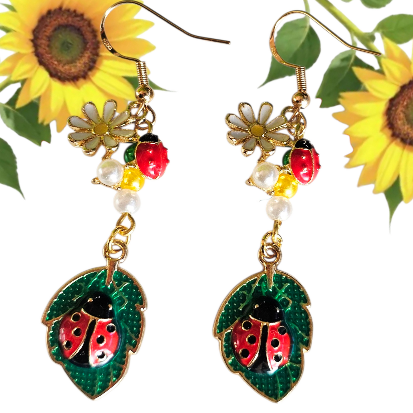 Ladybug & Daisy Dangle Earrings – Gold Nature Jewelry with Crystal Beads for Garden Lovers
