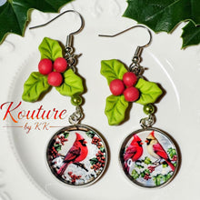 Load image into Gallery viewer, Christmas Cardinal Earrings – Holly &amp; Glass Dome Dangle Sterling SilverHooks| Kouture by KK
