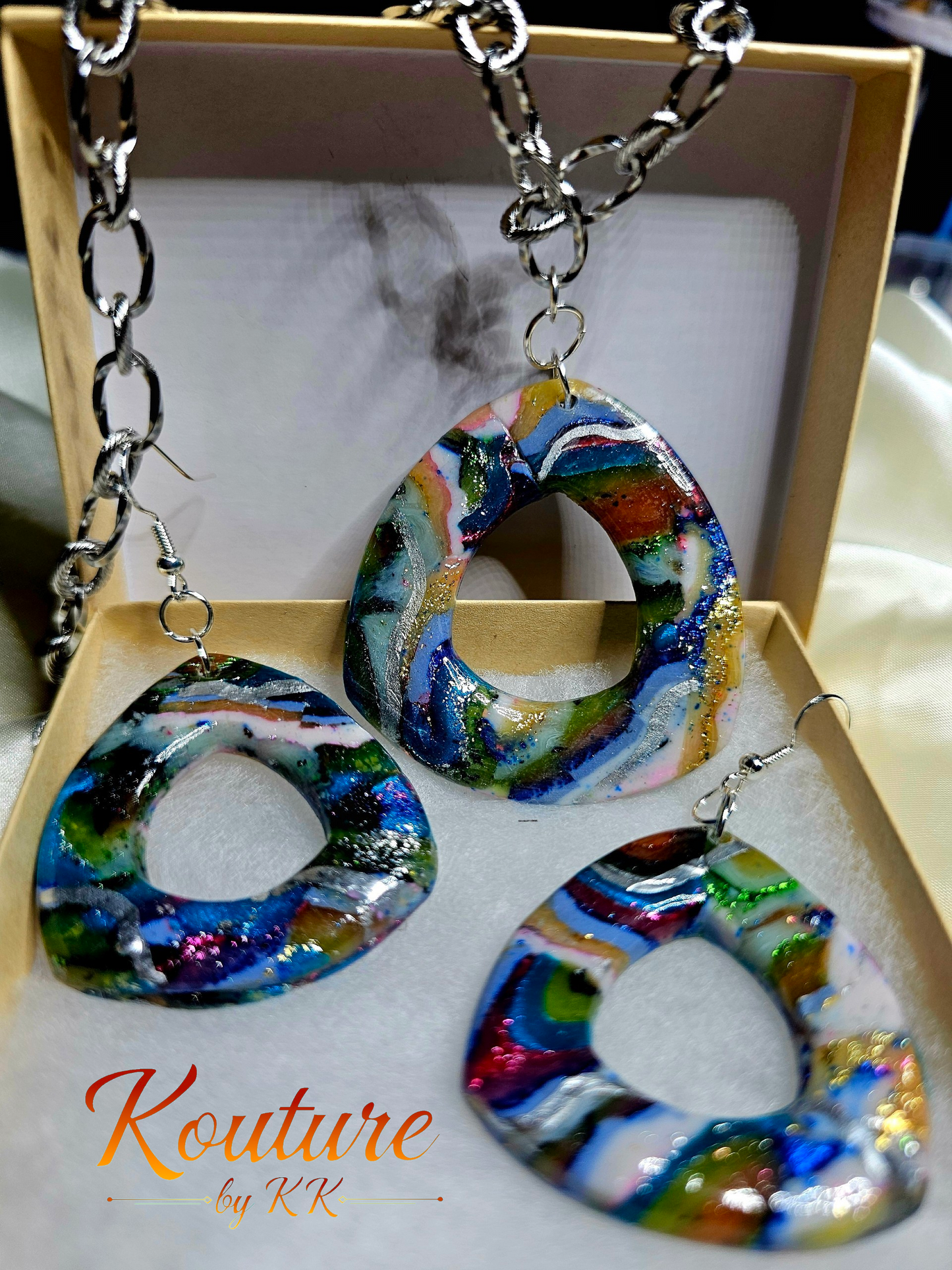 Rainbow Kaleidoscope Rounded Triangle Signature Set – Hand-Sculpted Polymer Clay Necklace & Earrings with Custom Chain | One of a Kind Artisan Jewelry