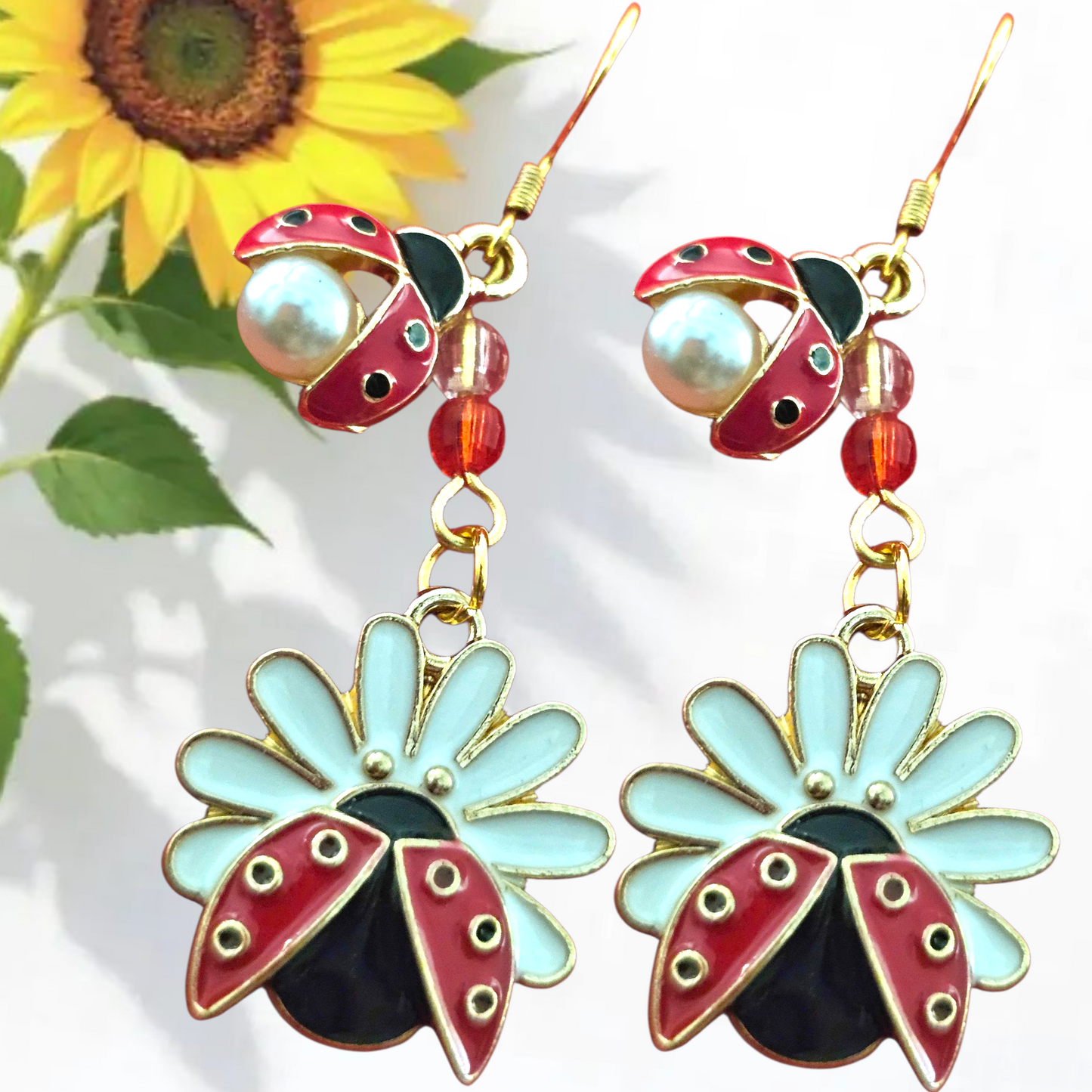 Ladybug Pearls & Daisy Dangle Earrings – Gold Nature Jewelry with Crystal Beads for Garden Lovers