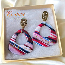 Load image into Gallery viewer, Stars &amp; Stripes Patriotic Triangle Gold Post Drop Earrings. Red, white and Blue Earrings

