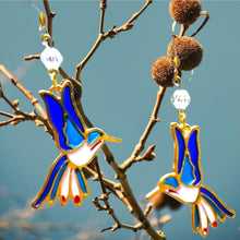 Load image into Gallery viewer, Hummingbird Earrings. Hummingbird Jewelry. Stained Glass Design Earrings. Bird Earrings. Bird Jewelry. Metal Gold or Silver.
