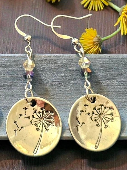 Silver Round Dandelion Earrings - Hand-Stamped Flower Jewelry, Bohemian Metal Teardrop Earrings