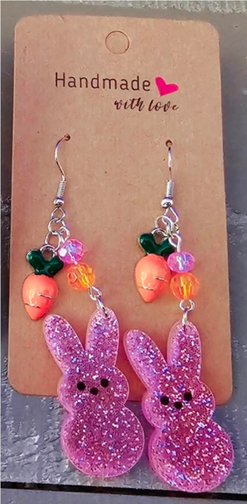 Easter Peep Bunny Earrings - Glitter Acrylic with Carrot Charm & Crystal Beads, Sterling Silver Hooks