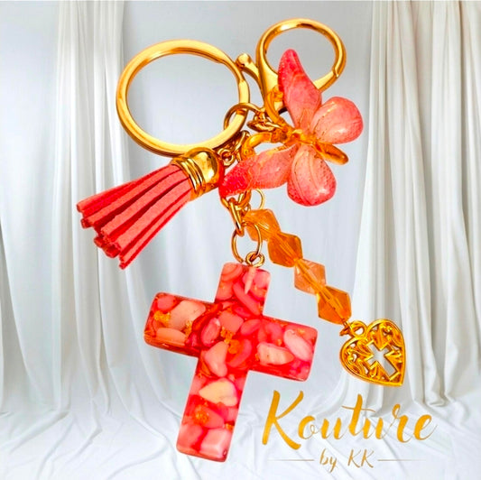 Faith Cross Keychain - Pink Teal | Handcrafted with Gold Leaf & Crystal Beads (Copy)