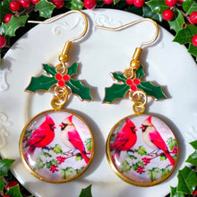 Load image into Gallery viewer, Christmas Cardinal Holly Dangle Earrings – Glass Dome &amp; Enamel Holly Charm | Kouture by KK
