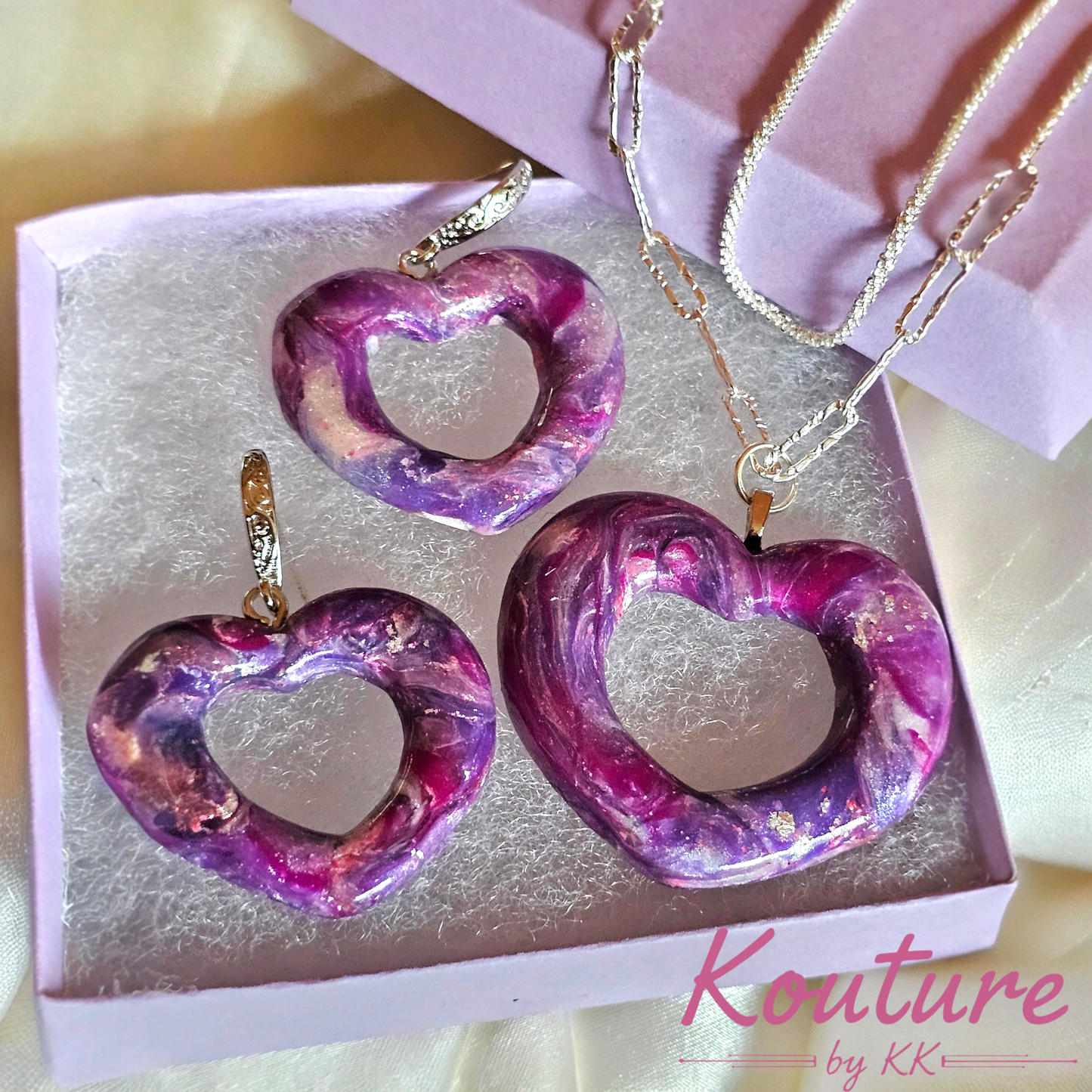 Purple Galaxy Heart Set – Hand-Sculpted Polymer Clay Necklace & Earrings with Silver Foil | One of a Kind Artisan Jewelry