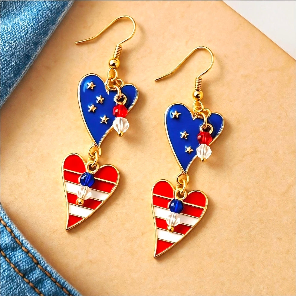 4th of July Heart Earrings | American Flag Double Heart Dangle Earrings