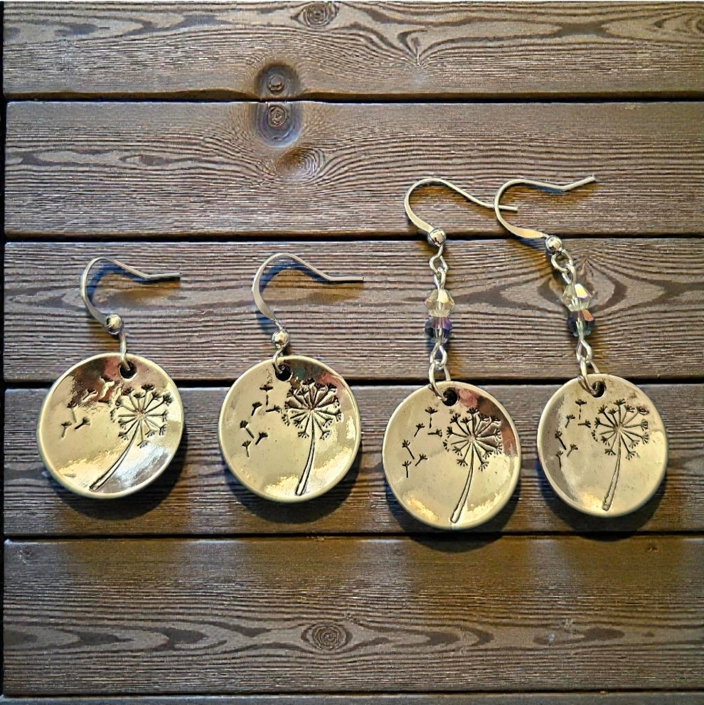Silver Round Dandelion Earrings - Hand-Stamped Flower Jewelry, Bohemian Metal Teardrop Earrings