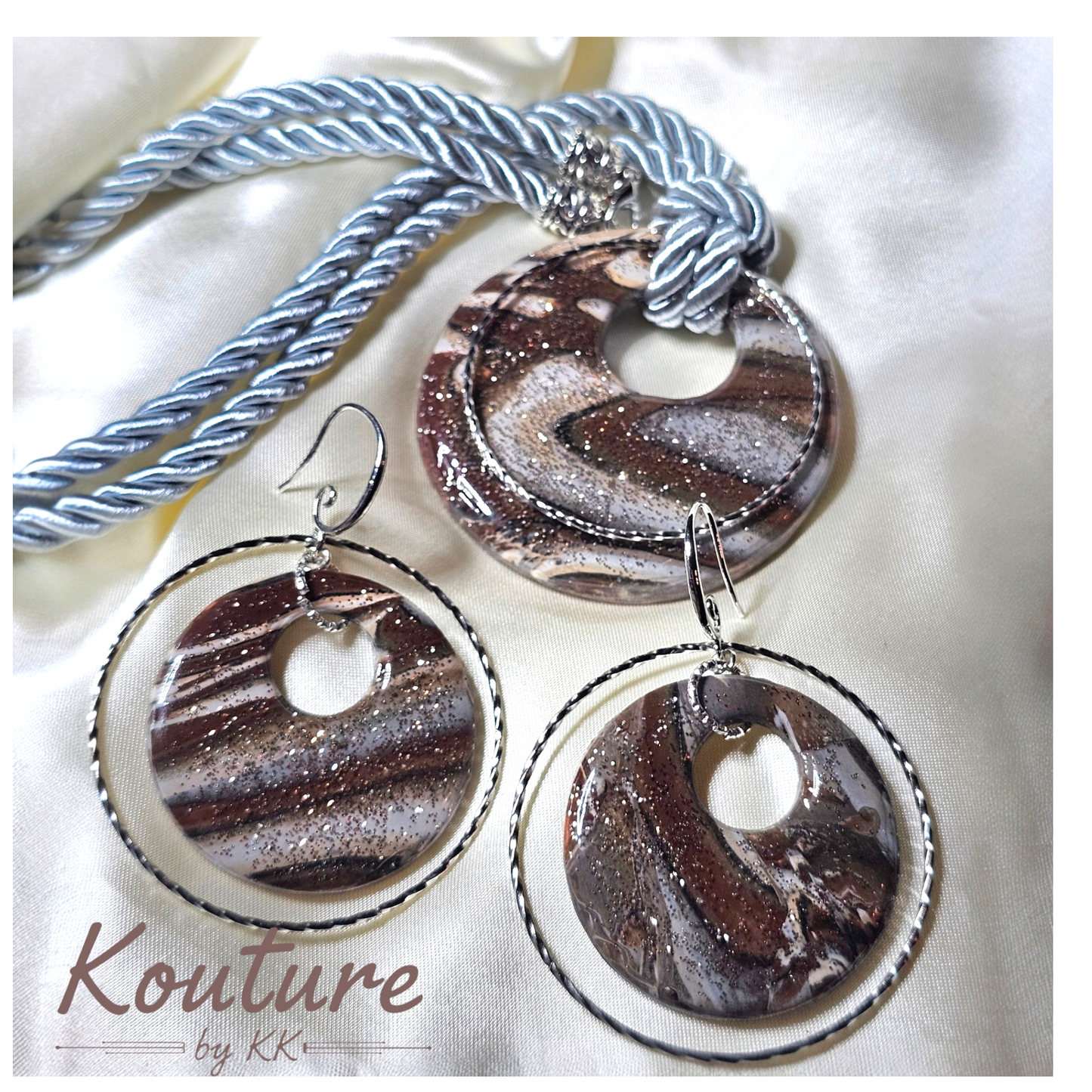 Smoky Donut Signature Set – Hand-Sculpted Polymer Clay Necklace & Earrings with Silver Gold Leaf | One of a Kind