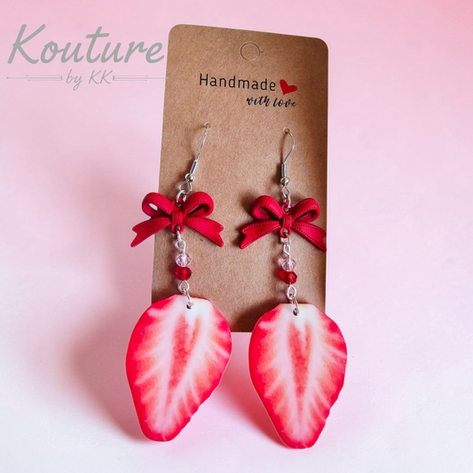 Strawberry Earrings - Handmade Acrylic with Red Bow | Garden Fruit Jewelry