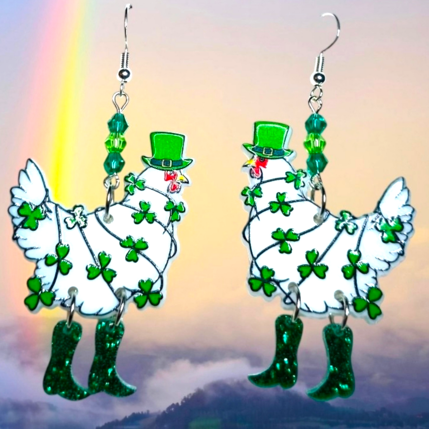 St. Patrick's Day Chicken Earrings – Shamrock Acrylic Dangles with Crystal Beads & Sterling Silver Hooks