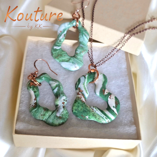 Organic Earthy Green Sculptured Earrings & Pendant Set – Handcrafted with Copper Flares