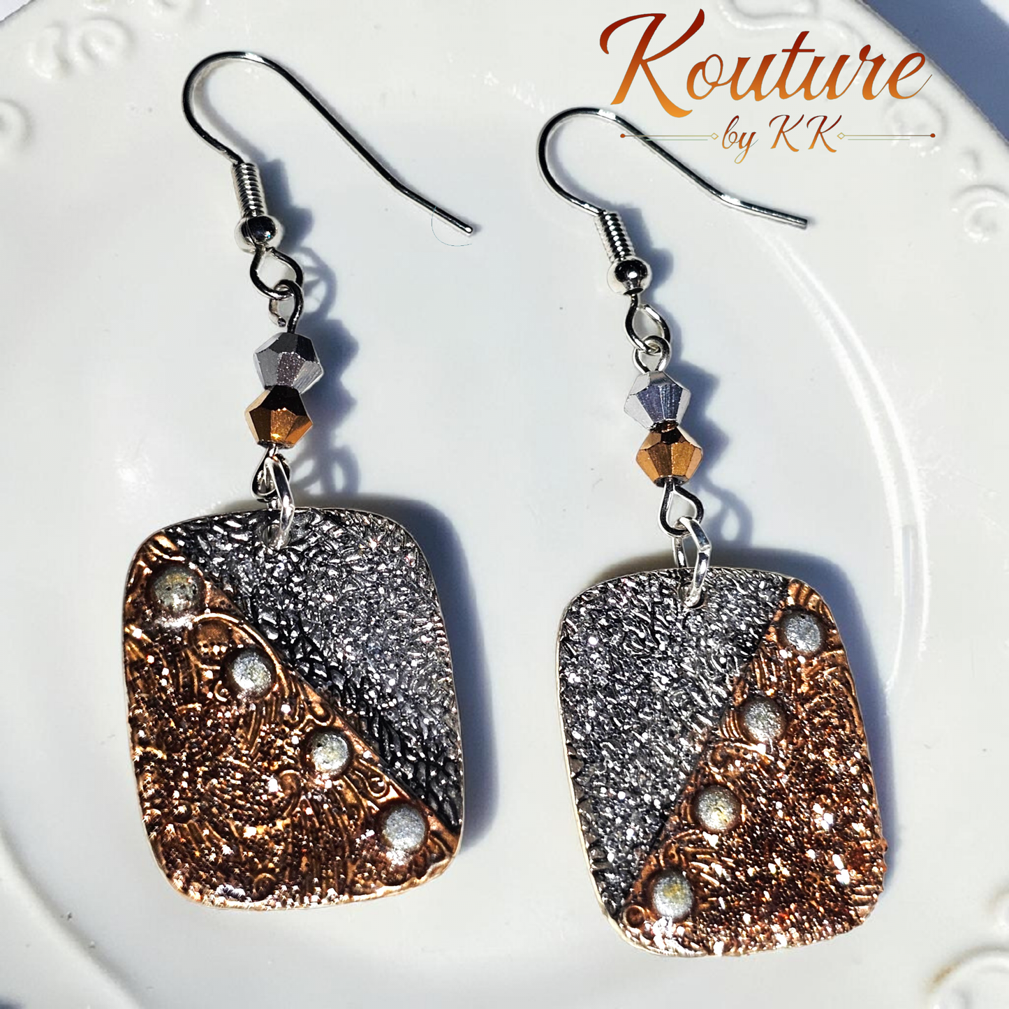 Bronze & Silver Duotone Square Dangle Earrings that i give to rescues and free gift wrap