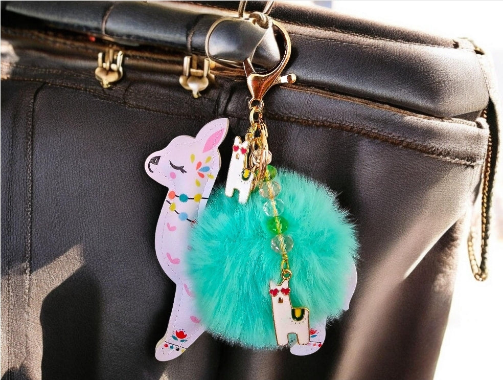 Llama Fluffy Ball Keychain-  Bag Charm. Lama Jewelry. Alpaca Jewelry. Car Ornament. Animal Purse Charm. Keychain