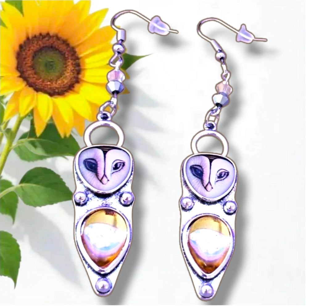 Vintage Owl Drop Earrings – Silver Tone with Champagne Glass Accent