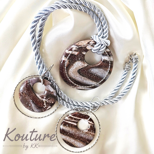 Smoky Donut Signature Set – Hand-Sculpted Polymer Clay Necklace & Earrings with Silver Gold Leaf | One of a Kind