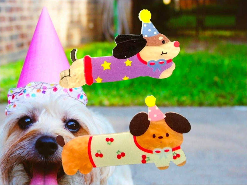 Birthday Dog Hair Clip Set – 2 Puppy Alligator Barrettes for Kids or Dog Mom