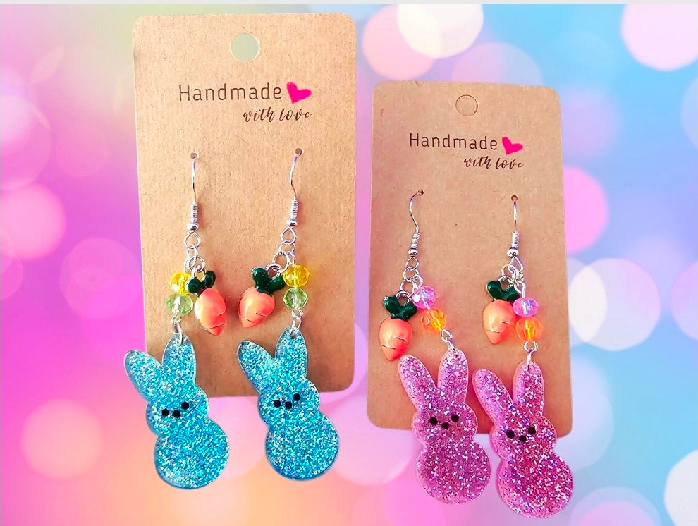 Easter Peep Bunny Earrings - Glitter Acrylic with Carrot Charm & Crystal Beads, Sterling Silver Hooks