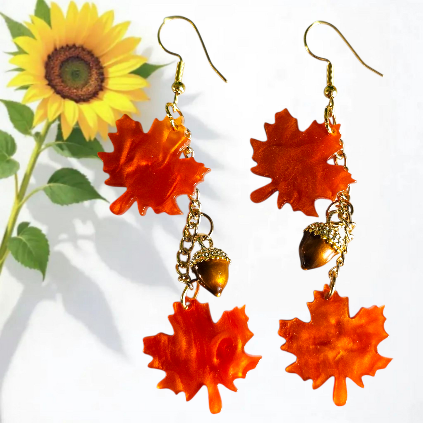 Autumn Orange Fall Leaf Earrings with Acorn – Long Dangle Earrings on Gold Chain