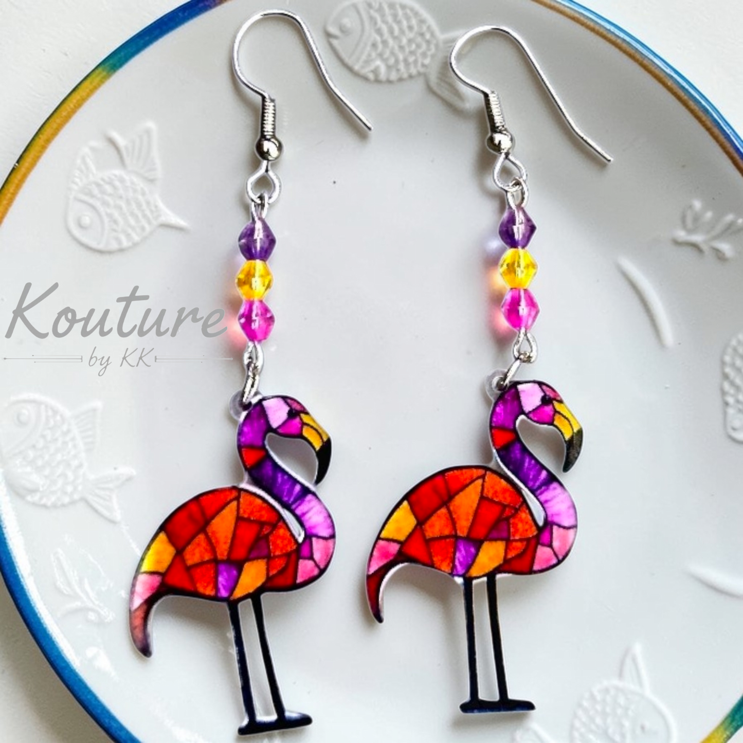 Flamingo Stained Glass Earrings - Colorful Mosaic Acrylic with Crystal Beads, Sterling Silver Hooks