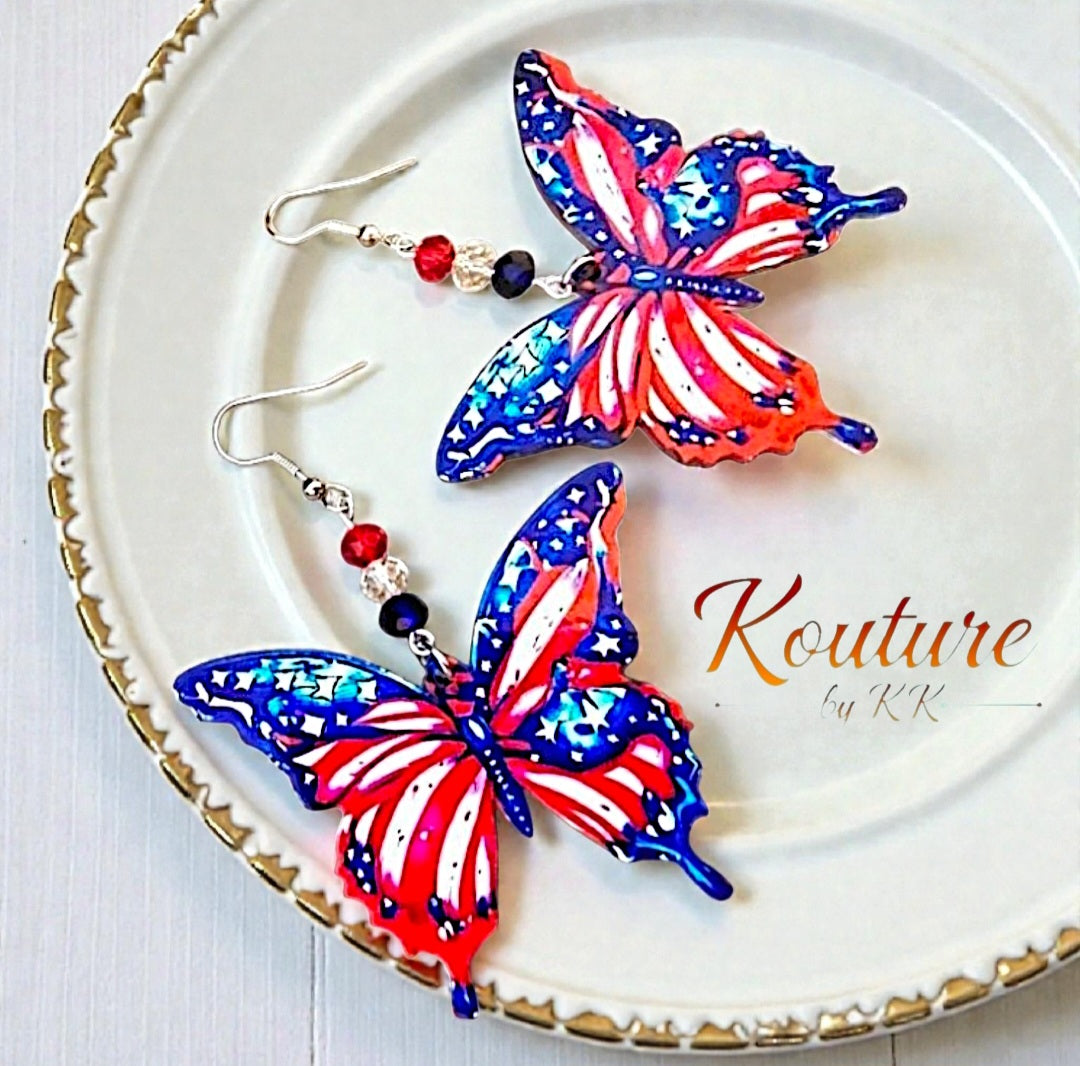 Patriotic Butterfly Earrings – Acrylic & Resin with Crystal Beads