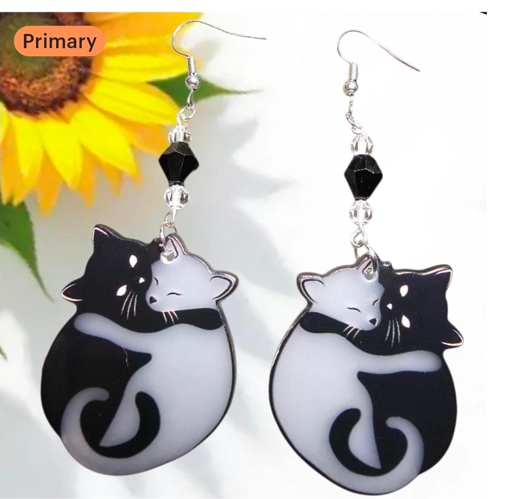 Black & White Hugging Cat Earrings – Yin Yang Kitty Jewelry for Cat Lovers - Glow in the Dark