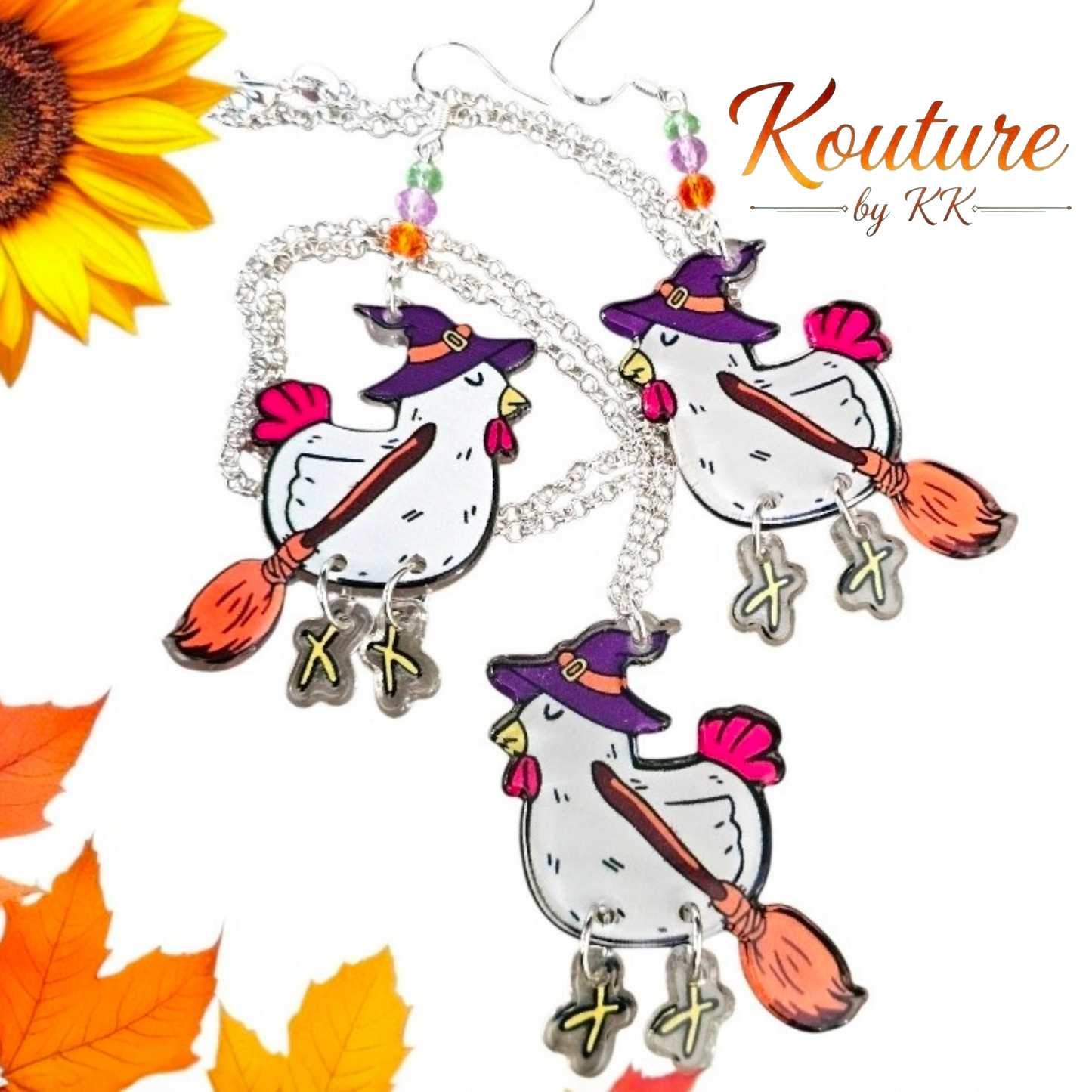 Halloween Witch Chicken Jewelry – Acrylic Dangle Feet Earrings, Necklace & Set