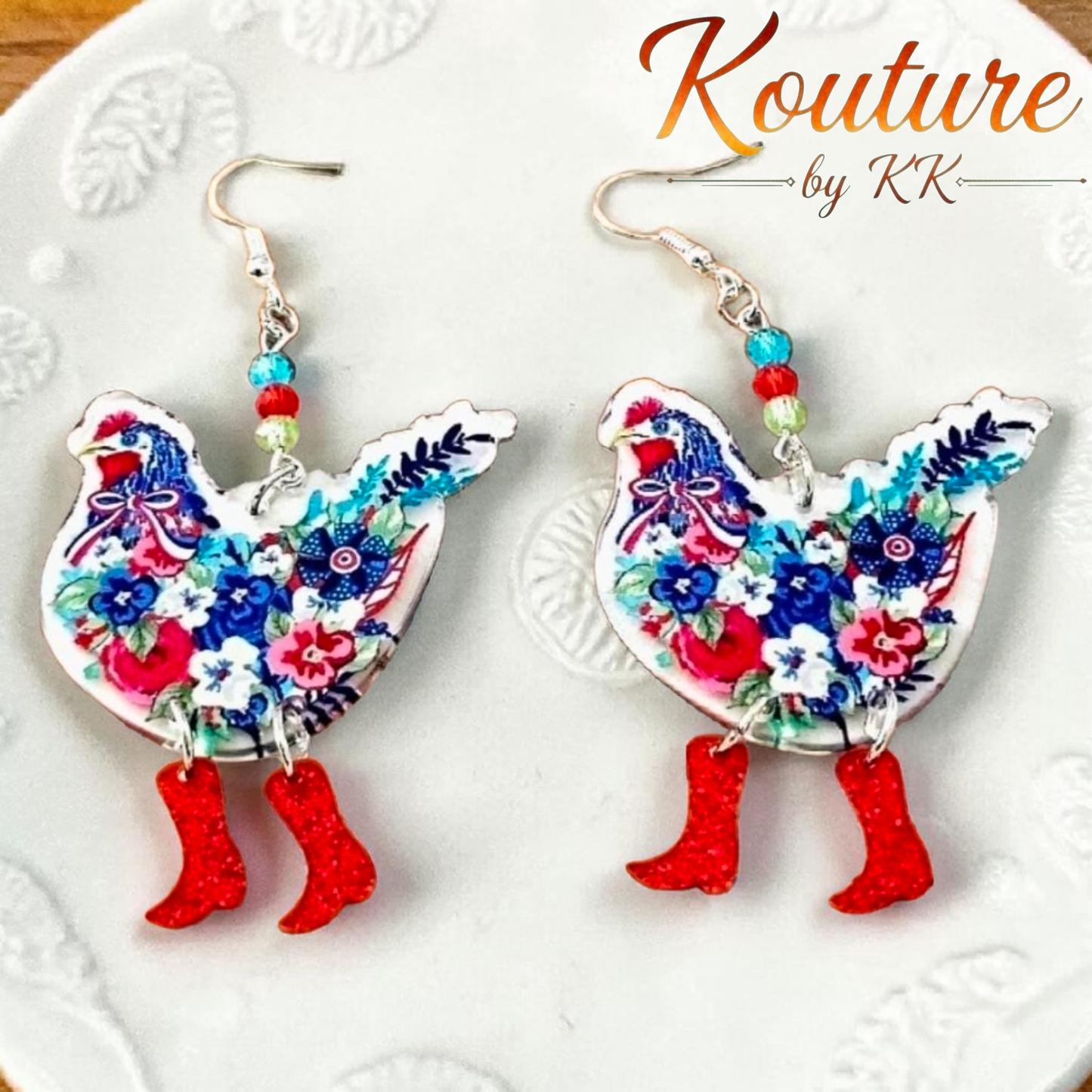 Floral Chicken in Boots — Double-Sided Acrylic Dangle Earrings with Crystal Beads