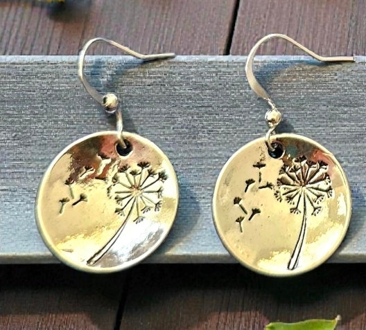 Silver Round Dandelion Earrings - Hand-Stamped Flower Jewelry, Bohemian Metal Teardrop Earrings