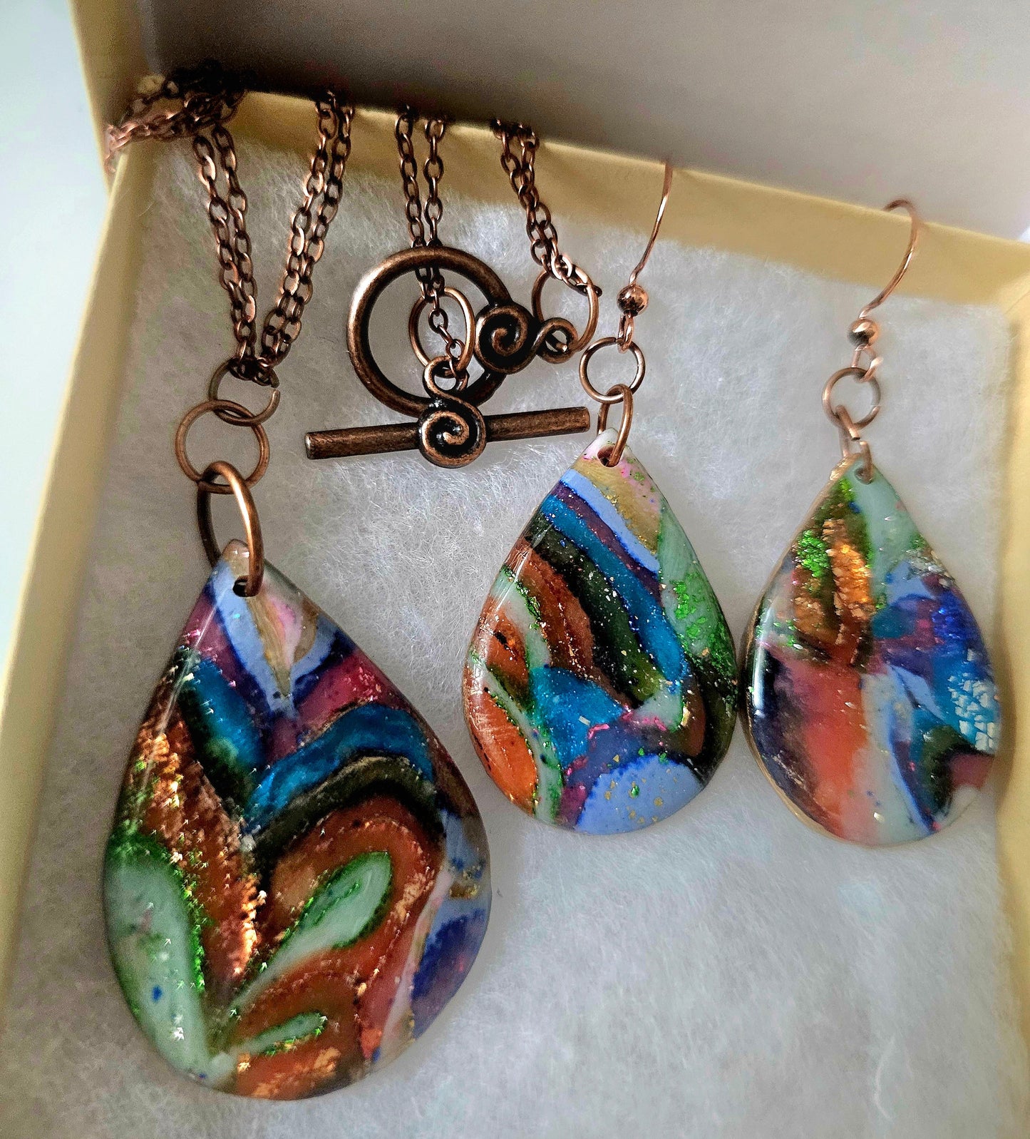 Boho Teardrop Jewelry Set – Handmade Polymer Clay Earrings & Necklace | Signature Collection