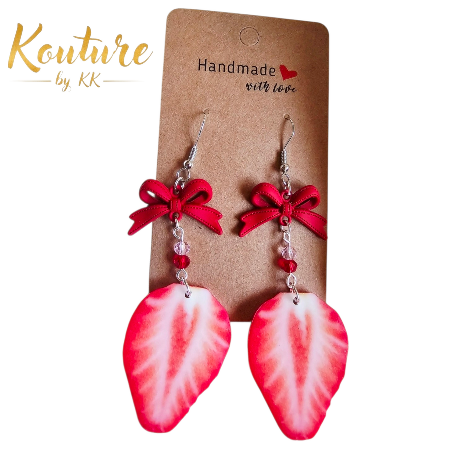 Strawberry Earrings - Handmade Acrylic with Red Bow | Garden Fruit Jewelry