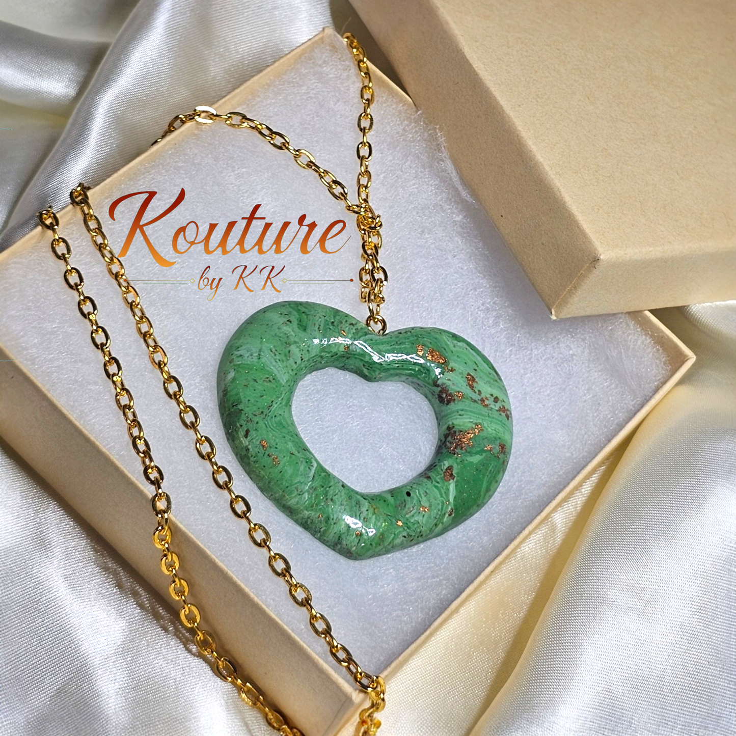 Olive Green Heart Necklace – Hand-Sculpted Polymer Clay with Gold Foil | Signature Sculpted Collection