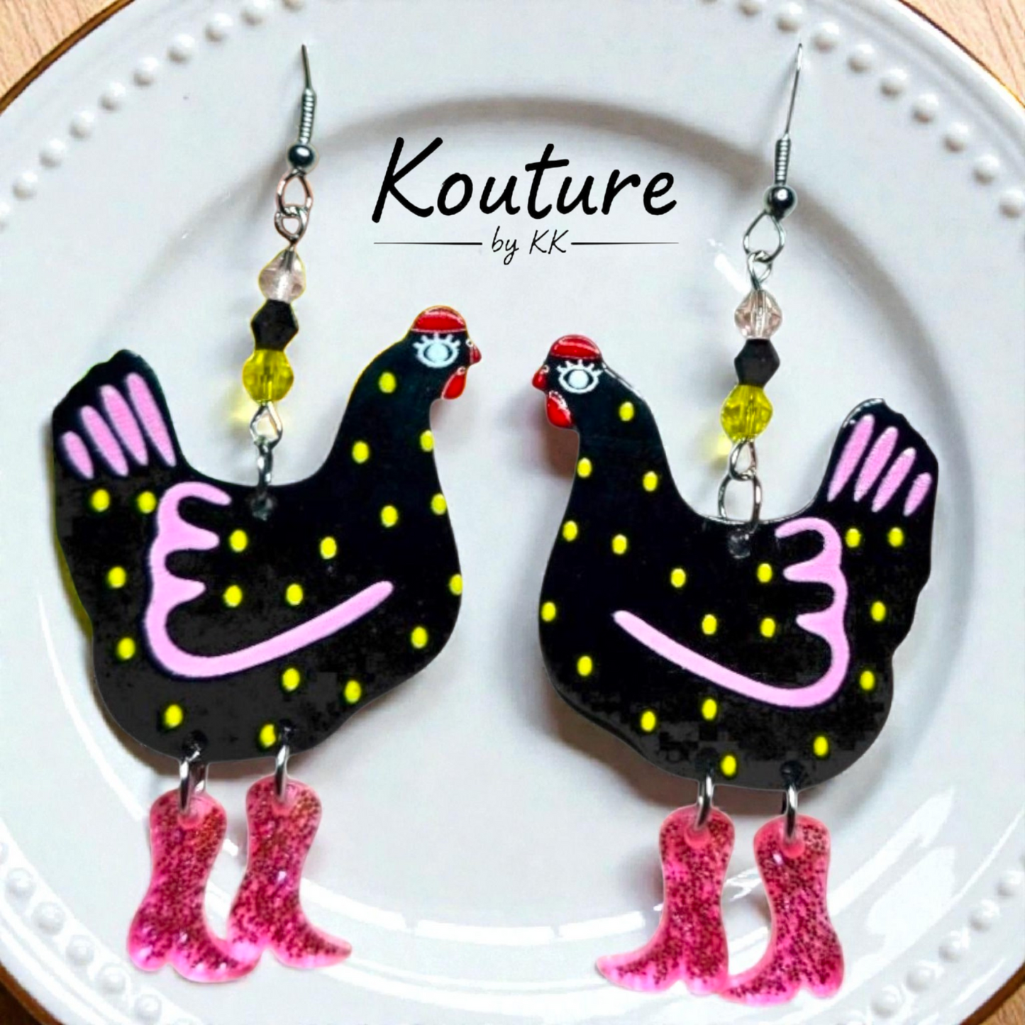 Black Chicken Earrings with Pink Boots – Funny Acrylic Farm Dangles