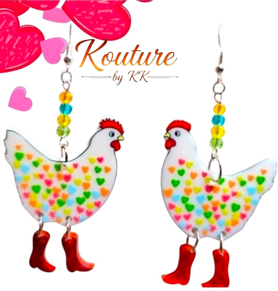 Chicken Earrings: Acrylic Heart Chicken with Dangling Boots and Sterling Silver Hooks