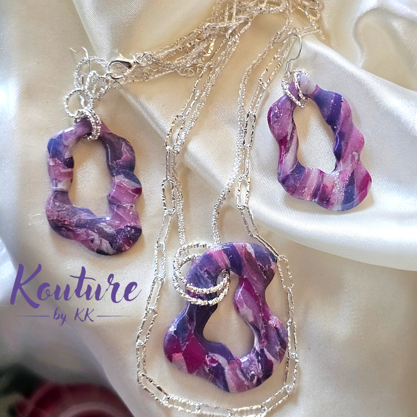 Purple Galaxy Wave Set – Hand-Sculpted Polymer Clay Double Necklace & Earrings with Silver Foil | One of a Kind Artisan Jewelry