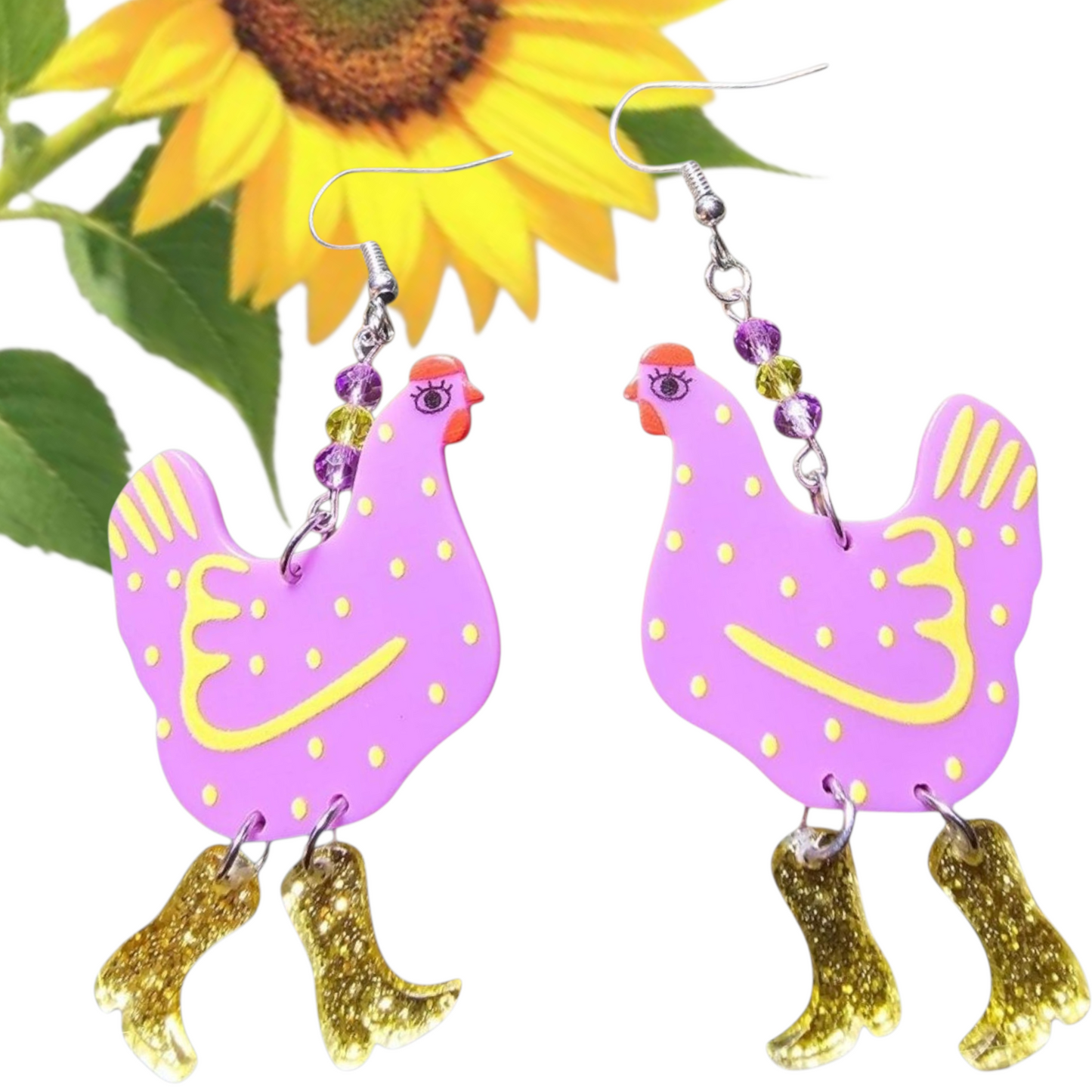 Lavender Chicken Glitter Gold Dangle Boot Earrings – Acrylic Chicken Jewelry with Crystal Beads