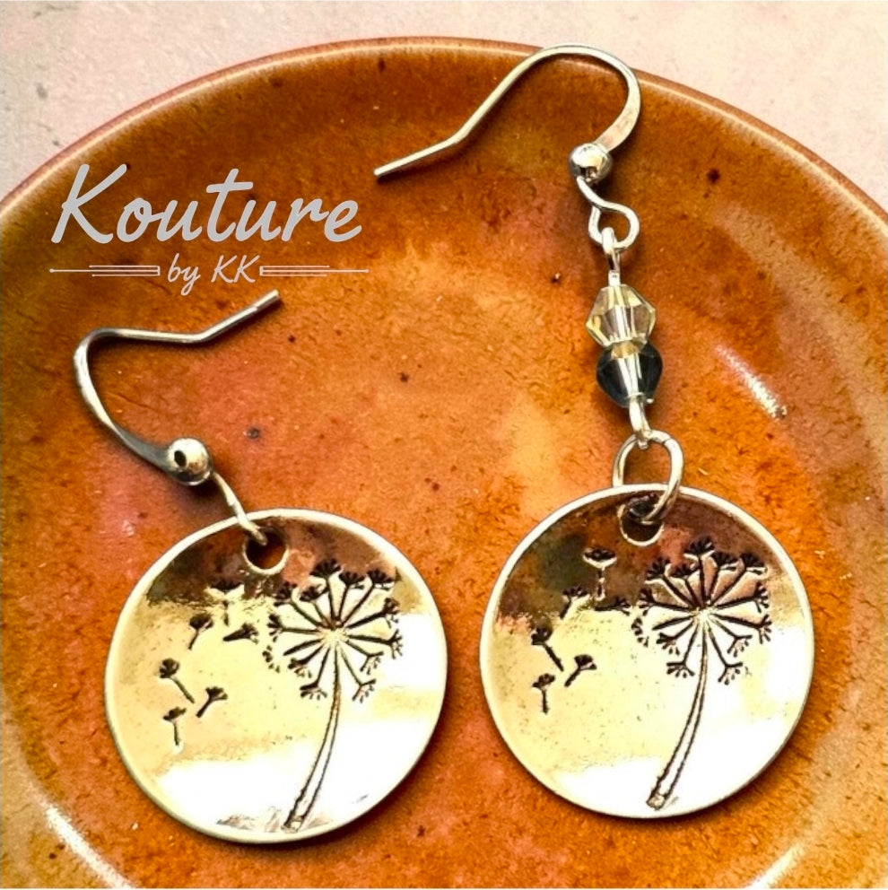 Silver Round Dandelion Earrings - Hand-Stamped Flower Jewelry, Bohemian Metal Teardrop Earrings