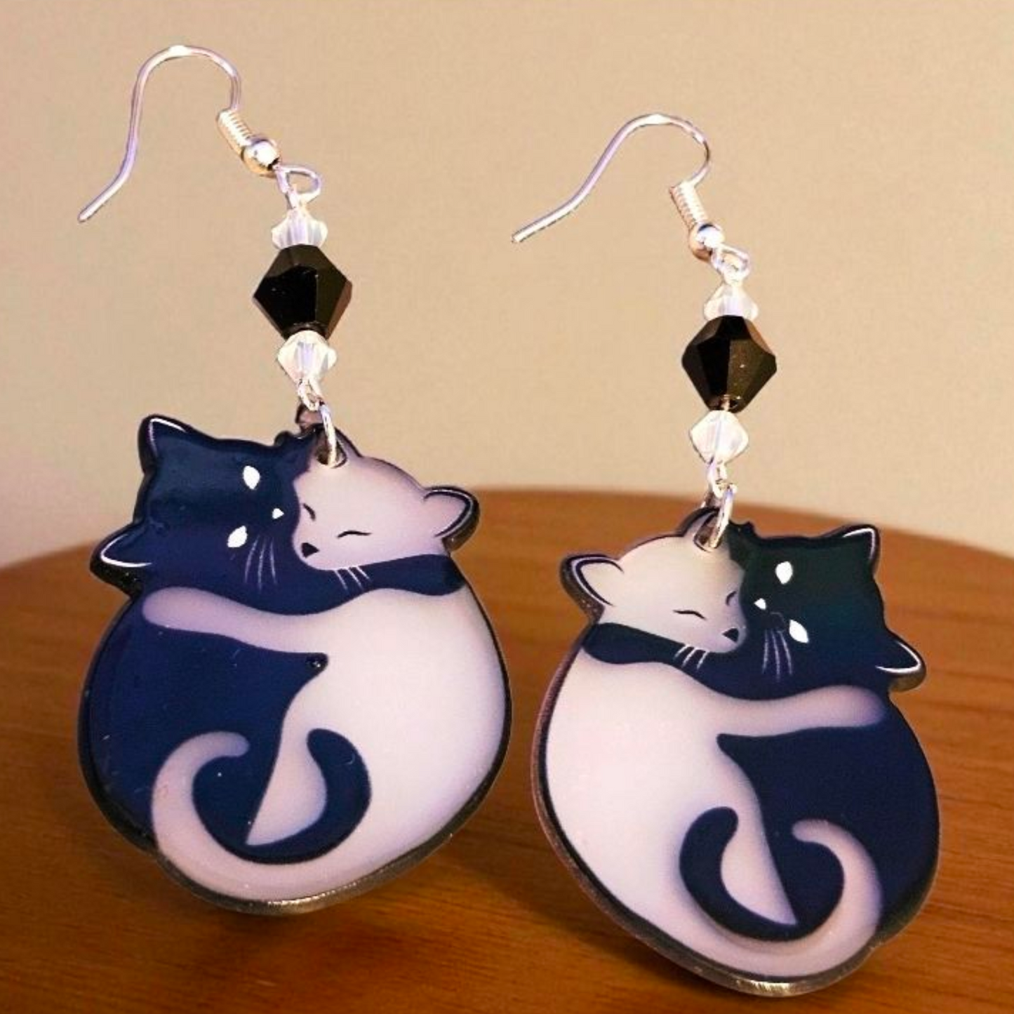 Black & White Hugging Cat Earrings – Yin Yang Kitty Jewelry for Cat Lovers - Glow in the Dark