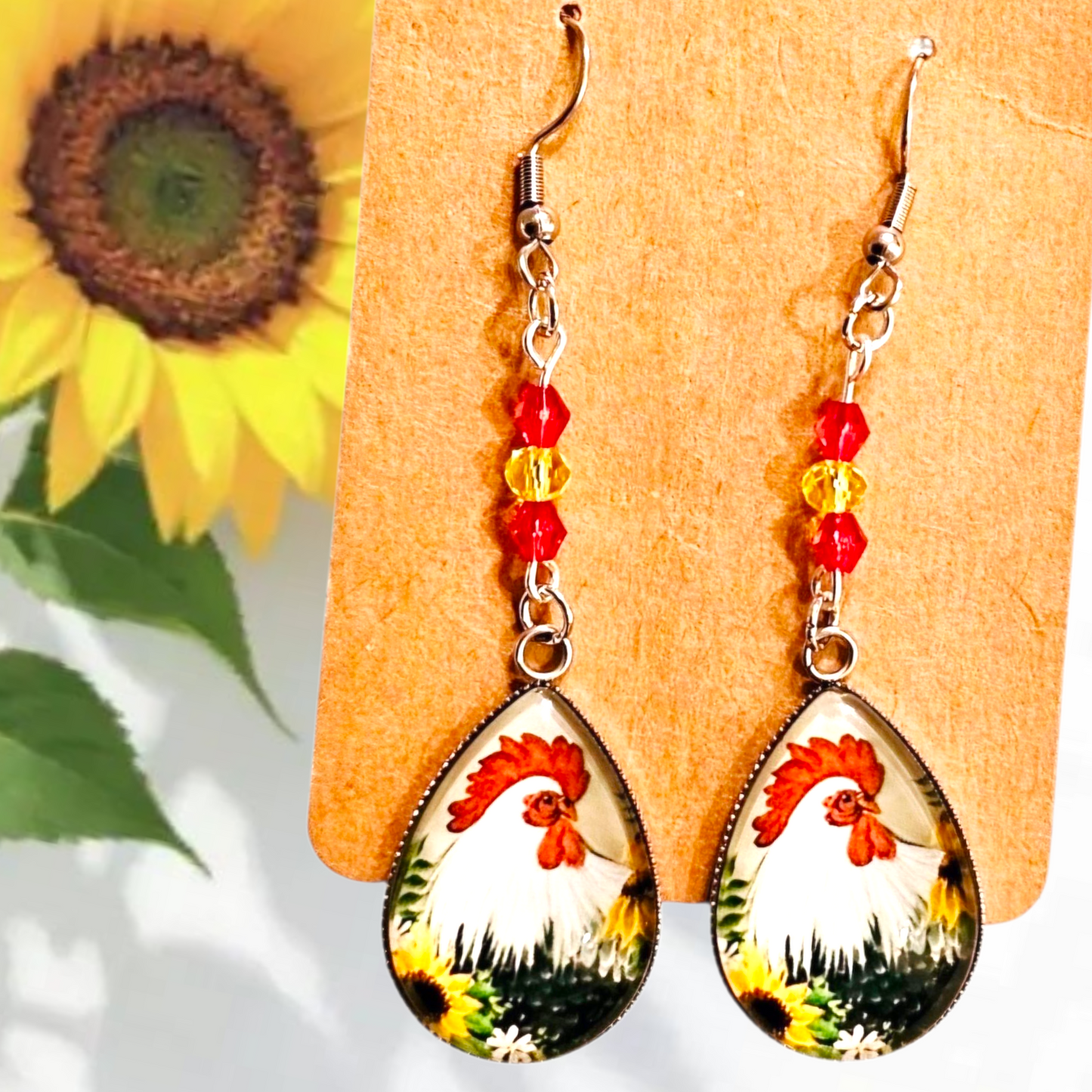 Handmade Rooster Earrings – Teardrop Farmhouse Earrings with Glass Dome