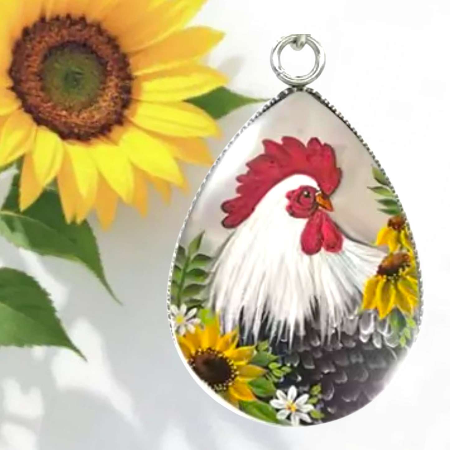Handmade Rooster Earrings – Teardrop Farmhouse Earrings with Glass Dome