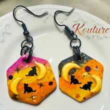 Load image into Gallery viewer, Halloween Black Cat &amp; Moon Polymer Clay Earrings – Handmade Dangle Earrings
