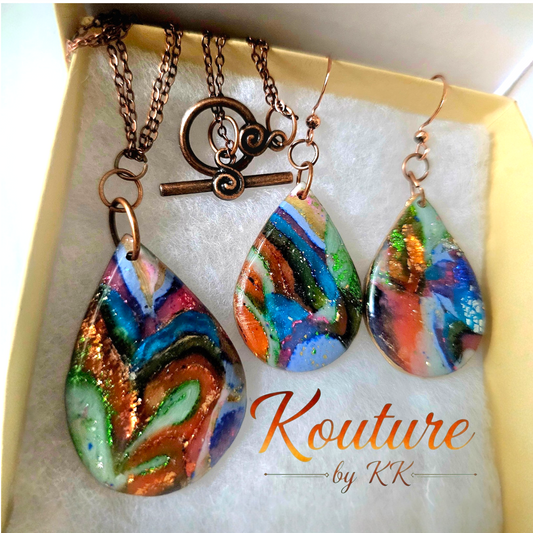 Boho Teardrop Jewelry Set – Handmade Polymer Clay Earrings & Necklace | Signature Collection