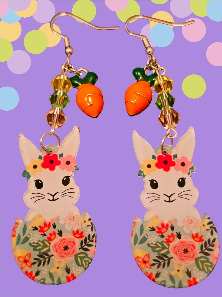 Easter Bunny Earrings - Floral Bunny with Carrot & Crystal Beads, Easter Jewelry