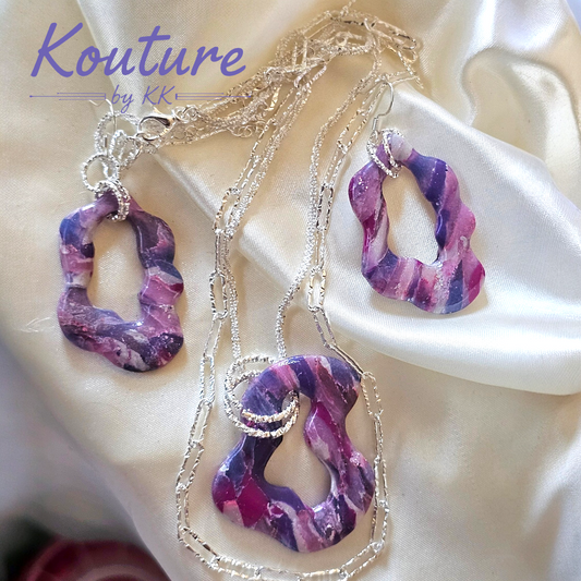 Purple Galaxy Wave Set – Hand-Sculpted Polymer Clay Double Necklace & Earrings with Silver Foil | One of a Kind Artisan Jewelry