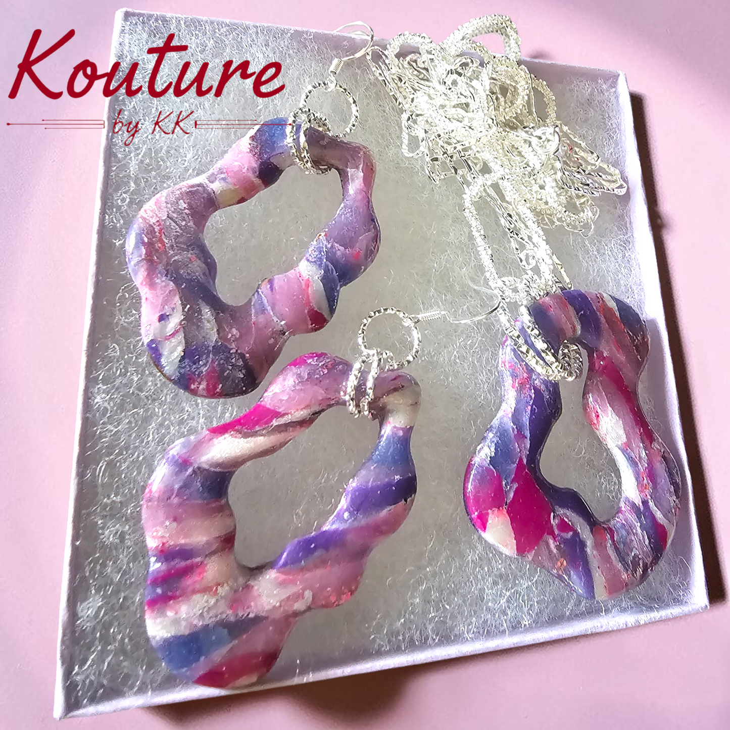 Purple Galaxy Wave Set – Hand-Sculpted Polymer Clay Double Necklace & Earrings with Silver Foil | One of a Kind Artisan Jewelry
